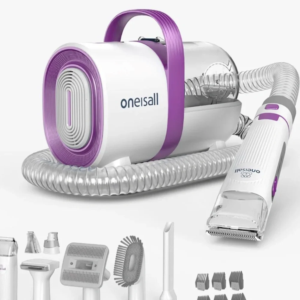 Oneisall 7-in-1 Pet Grooming Vacuum Kit for Dogs & Cats – Quiet Suction Clippers